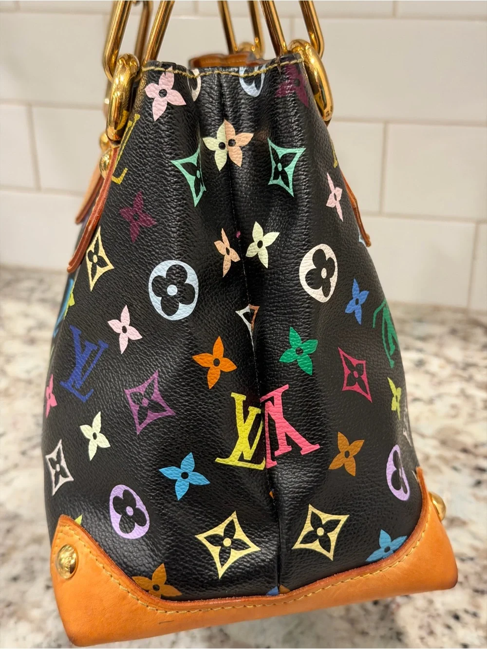 Louis Vuitton Black Multicolor Monogram Satchel with Tan Leather Trim